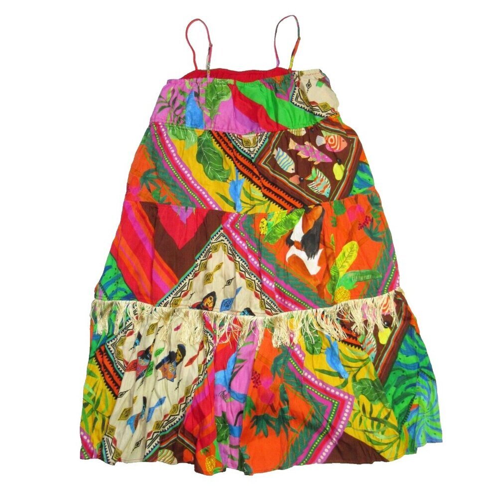 NWT FARM Rio Palila Fringed Midi in Patchwork Floral Parrot Print Tank Dress L - Picture 6 of 6